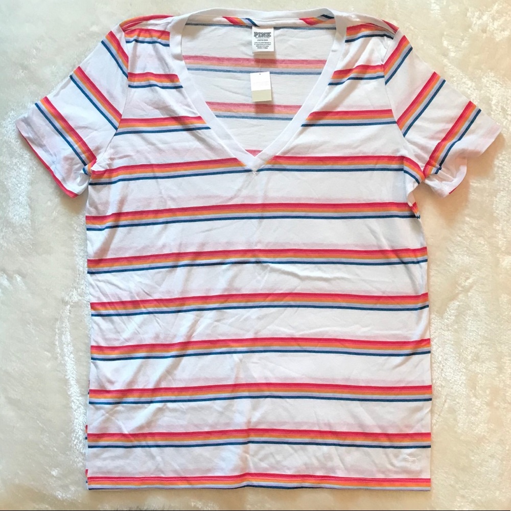 Pink Victoria's Secret Rainbow Stripe  T-S…
